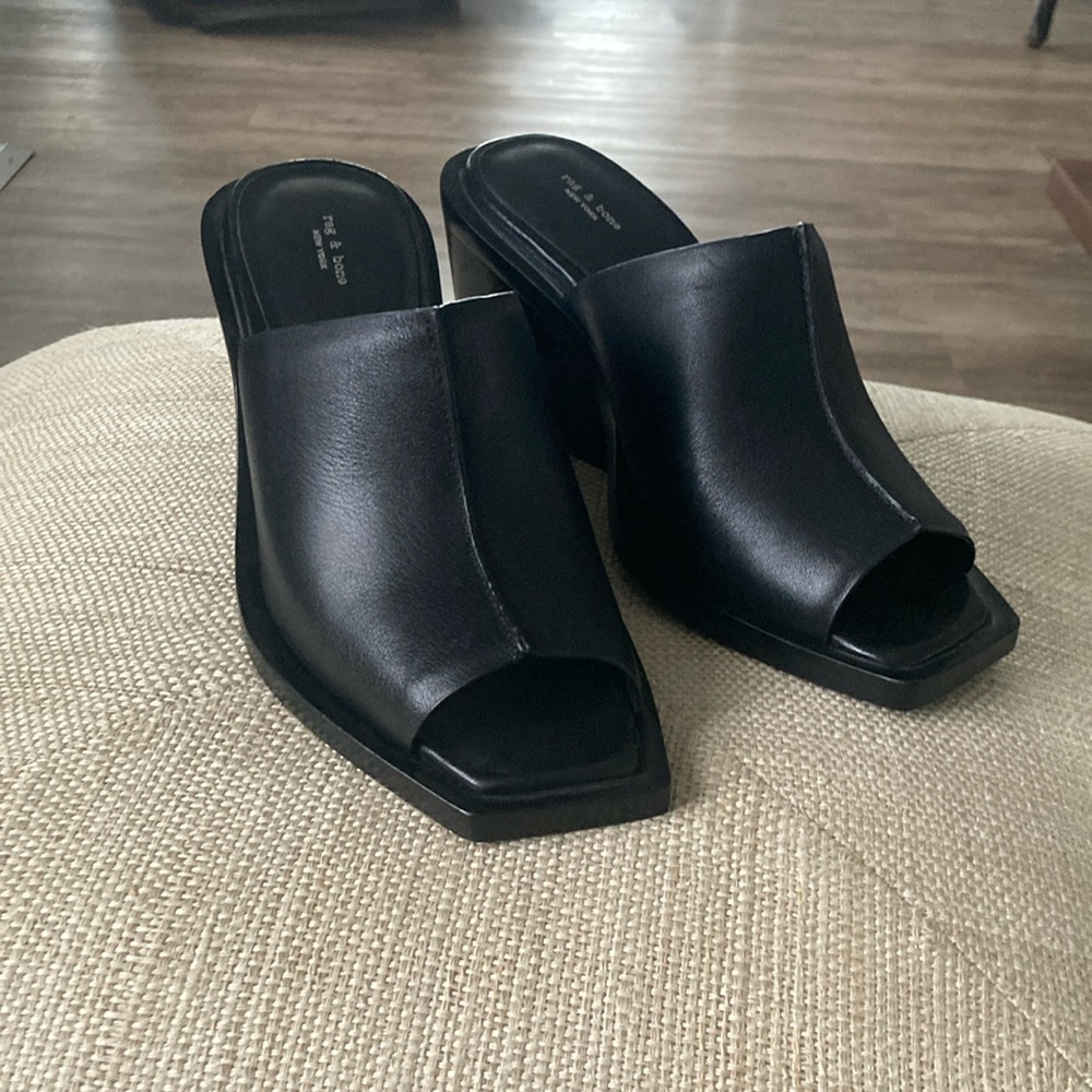 Rag & Bone Black Santiago Leather Wedge Mule Sandals